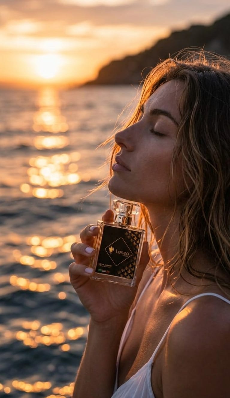 Donna di profilo con occhi chiusi che tiene vicino al collo il flacone di estratto di profumo Rio de Janeiro di Lanea Store, sullo sfondo di un tramonto dorato sul mare.