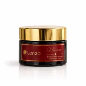 Scrub viso Lanea Manaus in barattolo nero con tappo dorato, esfoliante naturale ai noccioli di frutta, Made in Italy.