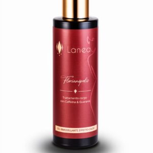 Flacone cilindrico bordeaux da 200 ml del Gel Rimodellante Effetto Caldo Florianópolis di Lanea Store, con tappo dorato lucido e scritte eleganti, isolato su uno sfondo bianco pulito.