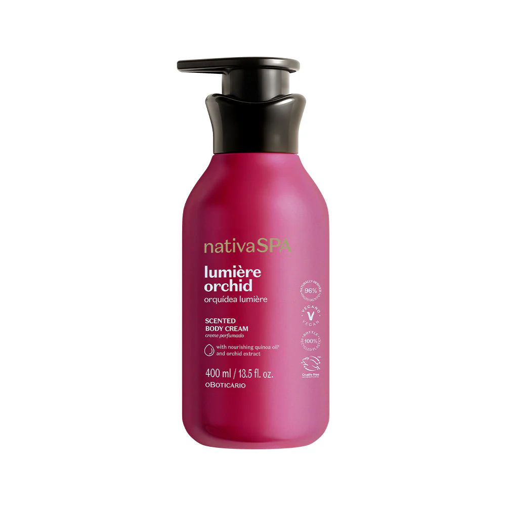 Crema idratante corpo Orchidea Lumière Nativa SPA oBoticário 400ml con olio di quinoa per pelle morbida luminosa e profumata.