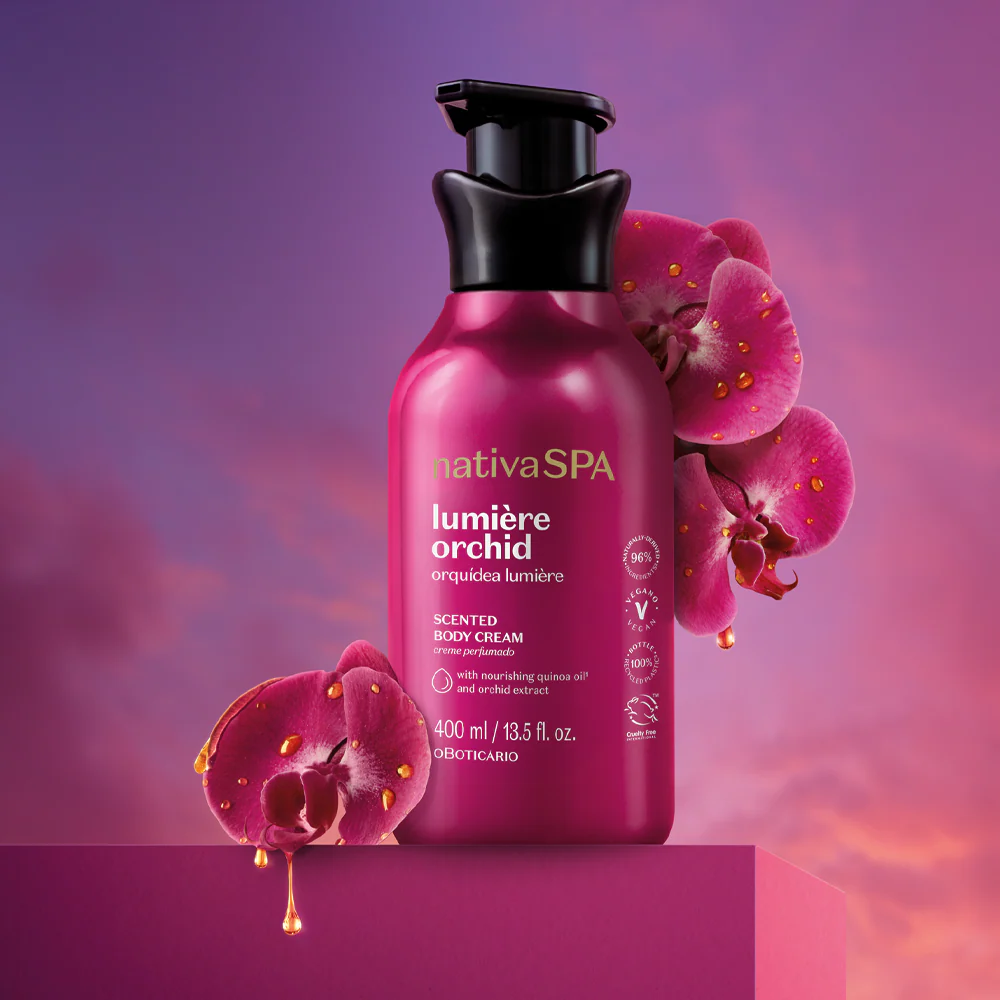 Crema corpo profumata Orchidea Lumière Nativa SPA oBoticário 400ml con olio di quinoa e orchidea per pelle idratata morbida e profumata.