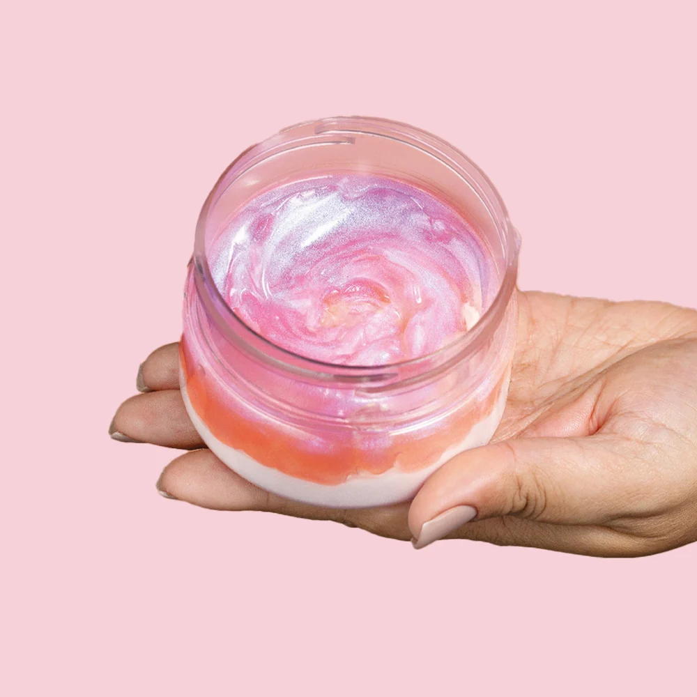 O Boticário Cuide-se Bem Doces Delírios Algodão Doce - barattolo di crema corpo idratante bifasica da 200g con coperchio marmorizzato