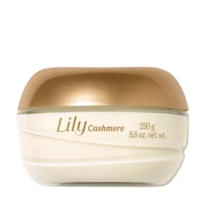 Crema corpo Lily Cashmere O Boticário 250 g con confezione color crema e tappo dorato.