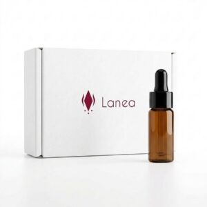 Flacone contagocce in vetro ambrato da 5 ml del Siero Viso Altamira in primo piano, affiancato alla sua scatola bianca con il logo rosso Lanea su sfondo bianco.